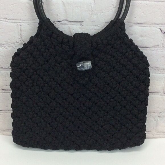 Vintage Macrame Handmade Pocketbook Black Boho Hippie Hoop Shoulder Bag Lined - Picture 5 of 7